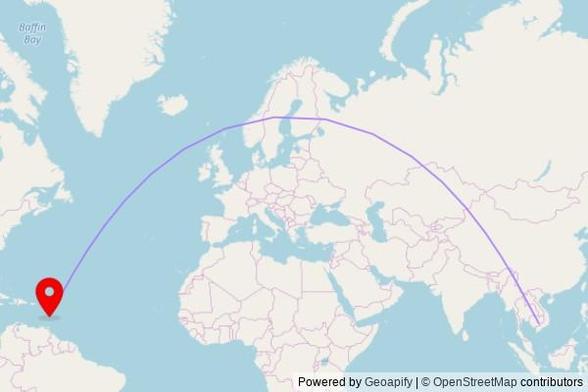 A map showing the great circle route from Tbong Khmum in Cambodia to a map pin at Plateau Seaview SDA church, Plateau Road, Paix Bouche, Saint Lucia