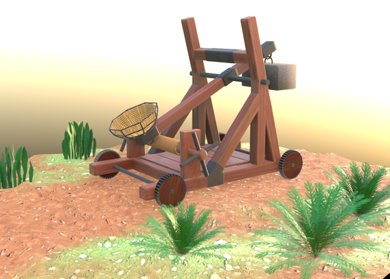 Catapult image from the last post but with more green terrain and some palms and random plants scattered around.