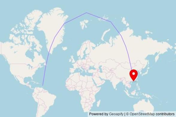 A map showing the great circle route from Paix Bouche in Saint Lucia to a map pin at S.S. Peter & Paul Church (Catholic Church), 201 Castle Peak Road – Ping Shan, Hong Kong, China