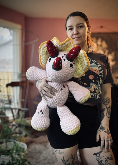 A picture of the light pink crocheted triceratops I made. It had strawberry horns and a lemon frill