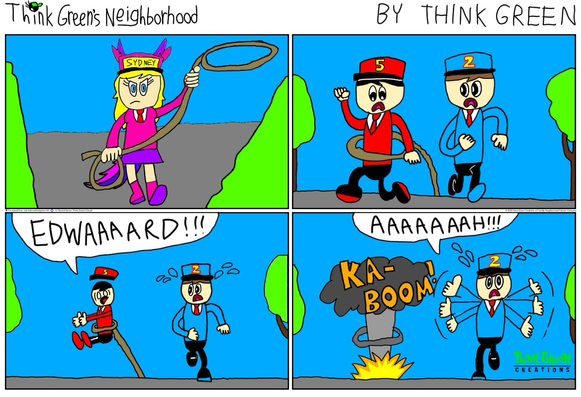 Original Comic: Sydney chases James and Edward with a lasso, Sydney lassos up James causing James to explode and Edward to scream desperately