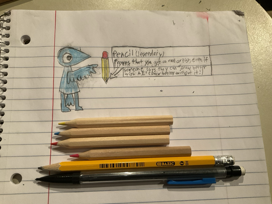 A picture of a pencil-drawing of a bird finding a legendary "Pencil" item. All the tools used to create it are laid down in the shot.