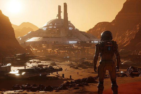 An astronaut stands on the Martian surface, gazing at a newly built settlement under a yellow sky. Massive buildings rise in the distance, while workers prepare the structures for future colonists. Dust swirls around futuristic vehicles and machinery, shaping humanity’s next home.
