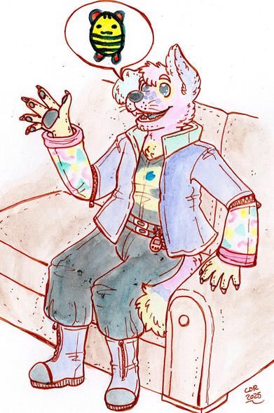 Crash the Dog, a pastel pink anthro dog, is sitting on a couch as they talk about the best Tamagotchi pet ever :')
