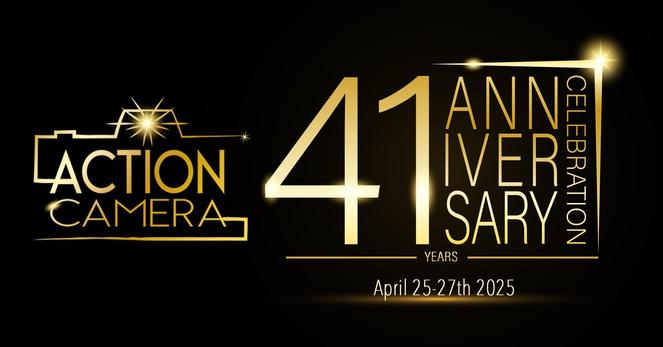 Promotional graphic for Action Camera’s 41st Anniversary Celebration. The design features a sleek black background with gold text and accents. The Action Camera logo appears on the left, stylized with a camera outline and starburst. Large gold numbers '41' dominate the center-right, followed by the words 'ANNIVERSARY CELEBRATION' in a modern vertical layout. The event date 'April 25–27th 2025' is written at the bottom in white and gold text.