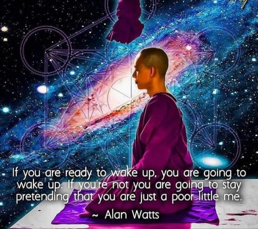  If you are ‘ready to wake up, you are going to
wake up. If you're not you are going to stay
pretending that you are just a poor little me.
Alan Watts 
(Image: monk meditating in front of a cosmic background)
