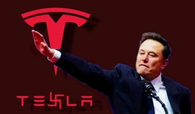 The image features Elon Musk in a dark suit and white shirt, with his right arm extended in a gesture reminiscent of a Nazi salute, palm facing forward. The background is a solid dark red color, with a prominent red Tesla logo on the left side. Below the logo, the word "TESLA" is written in red, with the "E" stylized to resemble a swastika. The overall composition emphasizes the Tesla branding and Elon Musk's gesture.