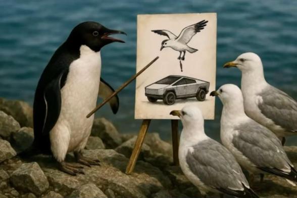 The image depicts a penguin standing on rocky terrain near a body of water, holding a stick and pointing at a canvas. The canvas features a drawing of a seagull in flight above a stylized Tesla Cybertruck. Three seagulls are attentively observing the penguin and the canvas. The penguin is black and white, with a distinctive black head and white belly, while the seagulls have white bodies with gray wings. The background shows a calm blue sea, enhancing the coastal setting. The penguin appears to be presenting or explaining the Cybertruck to the seagulls, creating a whimsical and educational scene.