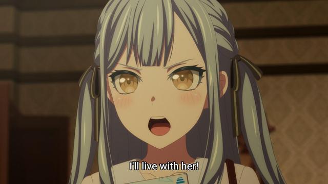Sakiko, a twin-tailed teal haired chick with amber eyes has a determined and angry expression on her face as she exclaims:
I'll live with her!
