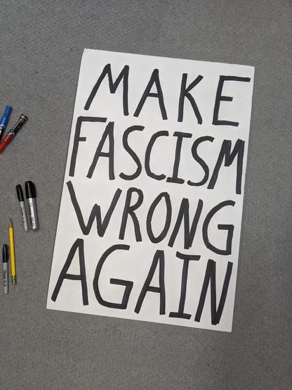 Back of the first sign that reads MAKE FASCISM WRONG AGAIN in black sharpie.