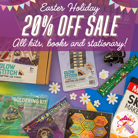 A flatlay image of a variety of electronics kits and stationary available on my Maker Queen AU Etsy shop.  A banner reads 'Easter Holiday 20% off Sale, All Kits books and stationary!' at the top.  