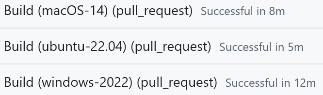 GitHub actions performing identical builds on Linux (taking 5 minutes), macOS (taking 8 minutes), and Windows (taking 12 minutes).