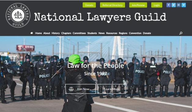 website banner for the National Lawyers Guild showing one of their observers standing in front a line of cops in riot gear