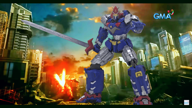 A recreation of the scene from Voltes V: Legacy where Voltes (THE ROBOT SPIRITS <SIDE SUPER> VOLTES V) is in the foreground, and Dokugaga is in the background, moments before its explosion.