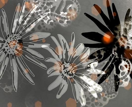 Monochrome Daisy Shadows Bokeh by Joan Stratton - paintingsbyjoan.com

One, two, three. I am you and you are me. All from the same seed, we vary slightly.

Three daisies, rendered in shades of black, white, and grey, stand out against a patterned background with soft orange and brown hues. The layered design and geometric accents add depth and complexity.

Ether Art – A hand-drawn drawing / painting using the exciting modern art form, where art is created from scratch using a computer in lieu of a real canvas and paint, water colour, pastel, pencil, charcoal etc I create digital art from the ether, exactly the same as if I was starting with a blank canvas.