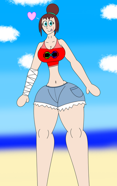 Drawing of a happy Mrs. Eddant wearing a red top (with the rainbow infinity on it) and daisy dukes. She's at the beach during daytime, with a few clouds visible in the sky.