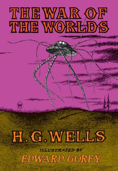Title: The War of the Worlds Cover  
Book cover of "The War of the Worlds" by H.G. Wells, featuring a dramatic illustration  by edward goreyof a Martian invasion. The image depicts the cover of "The War of the Worlds," a science fiction novel by H.G. Wells.  
The cover features a striking illustration of a Martian tripod, towering over a devastated landscape.  
   - **Color Scheme**: Dark tones, with a subdued magenta dominate the image, creating a sense of foreboding and urgency.  
The title "The War of the Worlds" is prominently displayed at the top, with the author's name, H.G. Wells, below it.