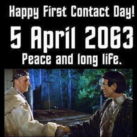 Star Trek First Contact photo from the show, Vulcan and Earthman shake hands.