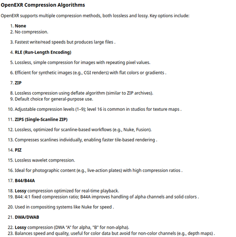 Image showing a document for th OpenEXR file format and its compressions algorithms and common uses.
