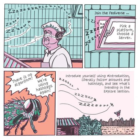 image: inside slaugherhouse, only the flys are leaving through a window.
text: Join the Fediverse, Pick a platform, choose a server. There is no algorith! We are using hashtags again! Introduce yourselv using #introduction, liberally follow accounts and hashtags and see whats trending in the Explore section. 