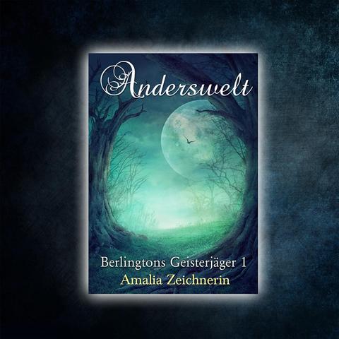 Buchcover von "Berlingtons Geisterjäger 1 - Anderswelt", es zeigt eine Illustration: eine nächtliche Landschaft mit einem großen Vollmond und kahlen Bäumen