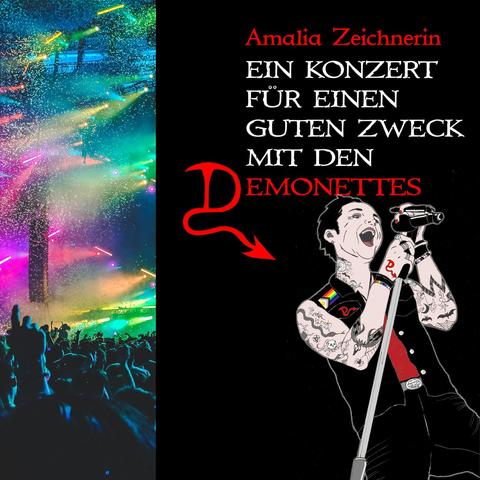 Buchcover von "Ein Konzert für einen guten Zweck mit den Demonettes" - eine Illustration des Postpunk Stars Gavin, der in ein Mikrofon singt.