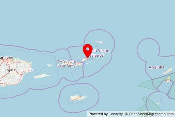 A map showing the area of Parham Town with a pin at the position of Upper Room Victory Church, Little Dix Road, Parham Town, British Virgin Islands, VG1120