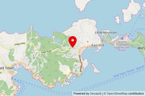 A partially zoomed out map with a pin at the position of Upper Room Victory Church, Little Dix Road, Parham Town, British Virgin Islands, VG1120