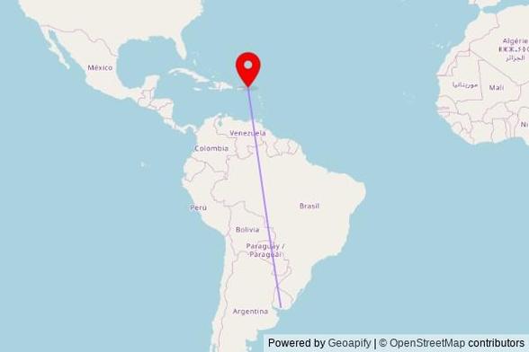A map showing the great circle route from Canelones in Uruguay to a map pin at Upper Room Victory Church, Little Dix Road, Parham Town, British Virgin Islands, VG1120
