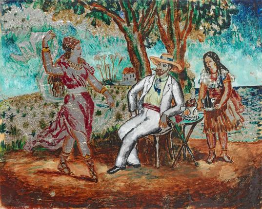 A Dance by the Sea by Dora Carrington, circa 1920s (mixed media and foil collage on glass) Recto