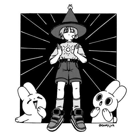 An illustration of a wizard surrounded by rabbits.