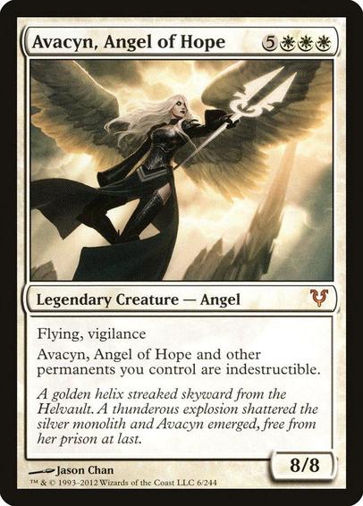 Card Name: Avacyn, Angel of Hope
Set: Avacyn Restored
Description: Flying, vigilance, indestructible
Other permanents you control have indestructible.
Artist: Jason Chan