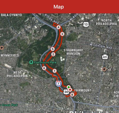 Map showing a section of Philadelphia, highlighting routes, landmarks, and Fairmount Park. Key locations are marked with numbers along the path.
