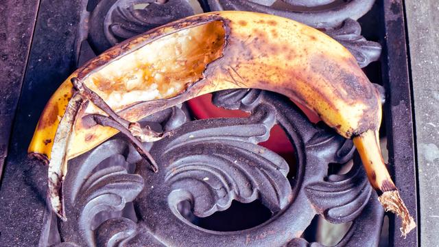 A banana with a whole cut into it with the teeth of a rodent,  note shredded segments of the skin and the pulp inside.  It rests on an ornate grating on the side of a fancy wood stove circa 1900.