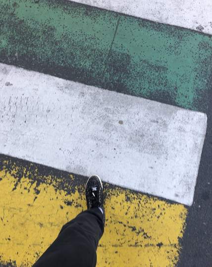 Me crossing on a rainbow crossing in Brussels