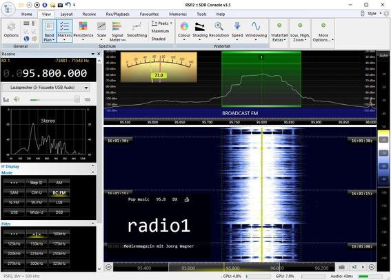 Screenshot des Empfangs auf UKW 95.8 KHz mit der Software SDR Console