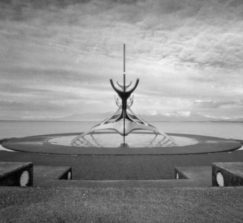 The sculpture Solfar in Reykjavik taken with a pinhole film camera