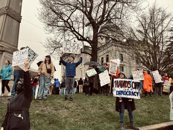 people hold signs at a courthouse lawn rally, including "Hands off our Democracy" and "Fuck fascists"
