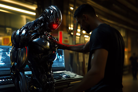 A man examines the flawless synthetic body of a humanoid robot, blurring the line between creator and machine in a near-future world.