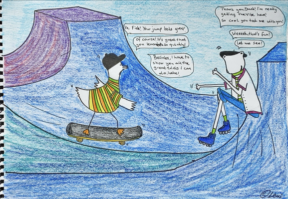 Fiete and Duck like to go skating lately! Duck is already super excellent at jumping and so on. Fiete still needs a bit more empowerment! Let's go, Fiete!  The song: Jump Around by House of Pain  The story 🦆: Yo, Fiete! Your jump looks great!  🐸: Thank you, Duck. I’m really getting the vibe here! So cool you took me with you!  🦆: Of course! It's great that you learnt so quickly!  🐸: Weeeeeeh, that's fun!  🦆: Besides, I have to show you all the great tricks l can do, hehe!  🐸: Let me see!  #fieteandduck #comic #duck #frog #dailycomic #travel #dreaming #coffee #mentalhealthmatters #mentalhealthawareness #introvertlife #ambivertlife #coffee #coffeelove