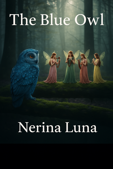 Book cover for the short story “The Blue Owl.” A dreamy, misty forest with a glowing blue owl in the center.