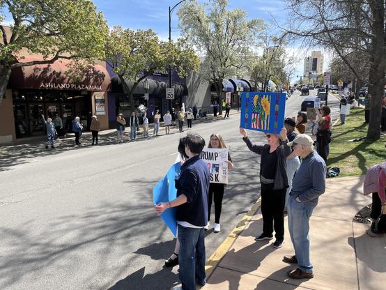 About 50 people on both sides of downtown Ashland, Oregon holding handmade signs in protest of Trump and Elon.