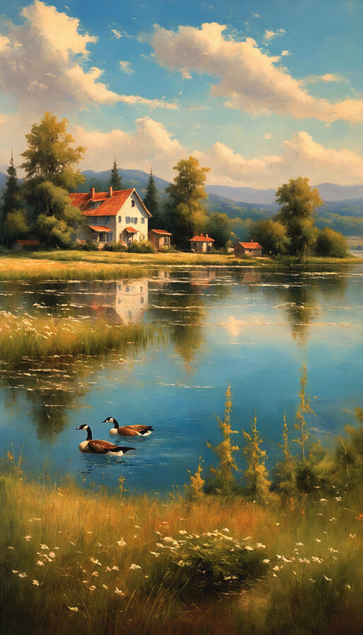 geese on lake painting
