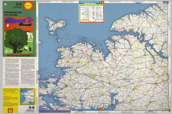Petrofuture France Normandie--66m sea level rise on a vintage Shell gas station map.