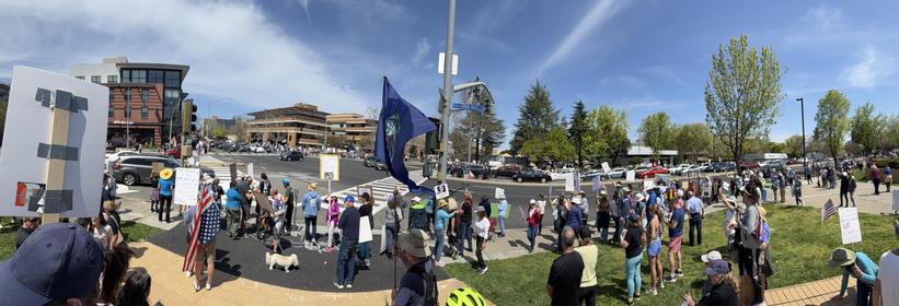 Large crowd at intersection in Mountain View, CA