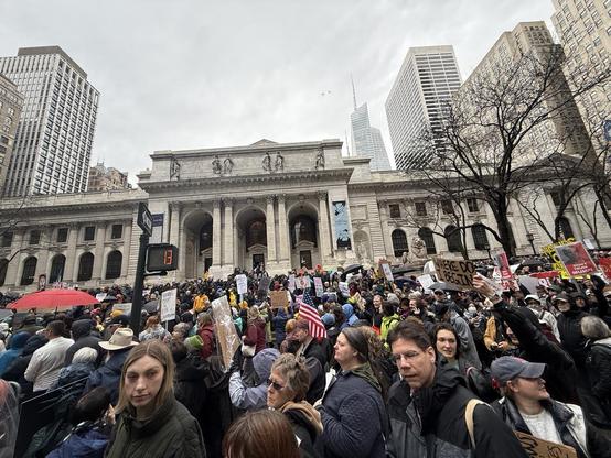 Huge protest crowd in front of the New York Public Library 