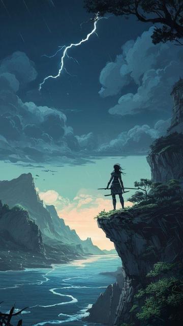 Model: RealVisXL V4.0
(fantasy illustration, thick ink lines, vector graphic novel fantasy, meticulously detailed oil painting, cinematic composition, hard vector, thick line ) a wide shot of a female ninja, in the distance. deep blue sky with thunderclouds and lightning, rain. lush vegetation. a cliff overlooking the ocean.