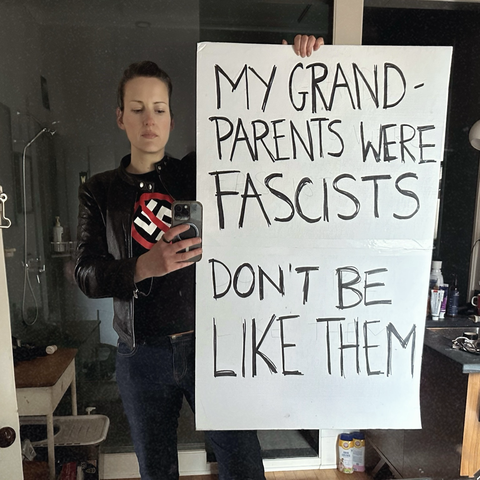Selfie with my hands off protest sign which reads “my grandparents were fascists, don’t be like them”