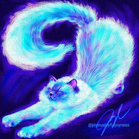 Painting of a Siamese cat having a big stretch in vibrant icy blue and purple colors. The background is a dark blue purple with some soft streaks to imply movement. The artist's signature and @joyousjoyfuljoyness watermark are at the bottom right.