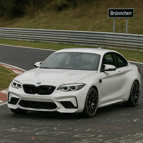 A white BMW M2 Competition leads through the iconic Brünnchen corner at the Nürburgring Nordschleife. The photorealistic scene captured sharp in detail on the winding, graffiti-covered track, with trees and safety barriers lining the background under an overcast sky.